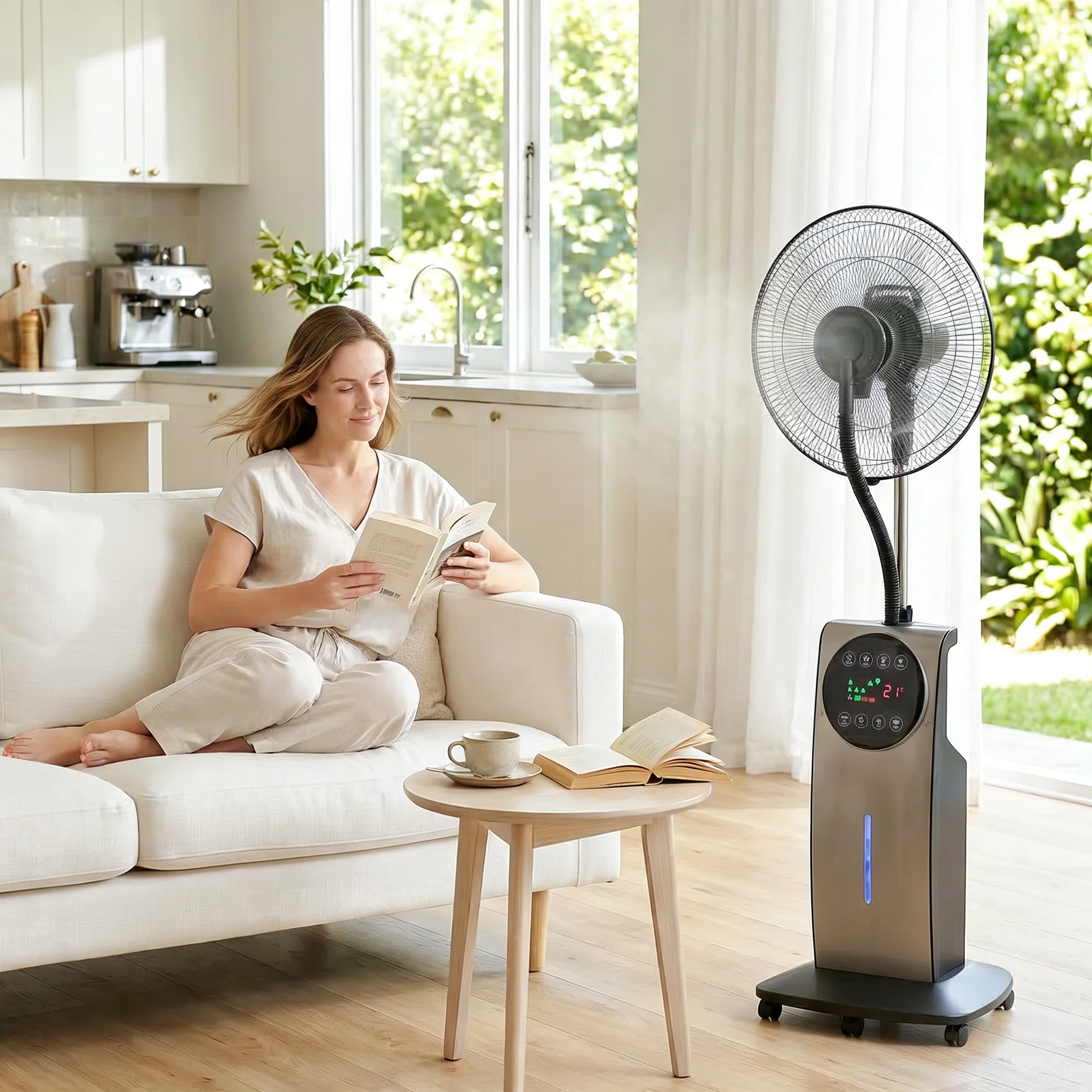 Ventilateur brumisateur silencieux 90W, ventilateur sur pied 138cm, oscillation 70°, 3 vitesses, 3 modes, ionisation négative, antimoustique, réservoir d'eau 3,1L, télécommande et minuterie 12h - Image 3