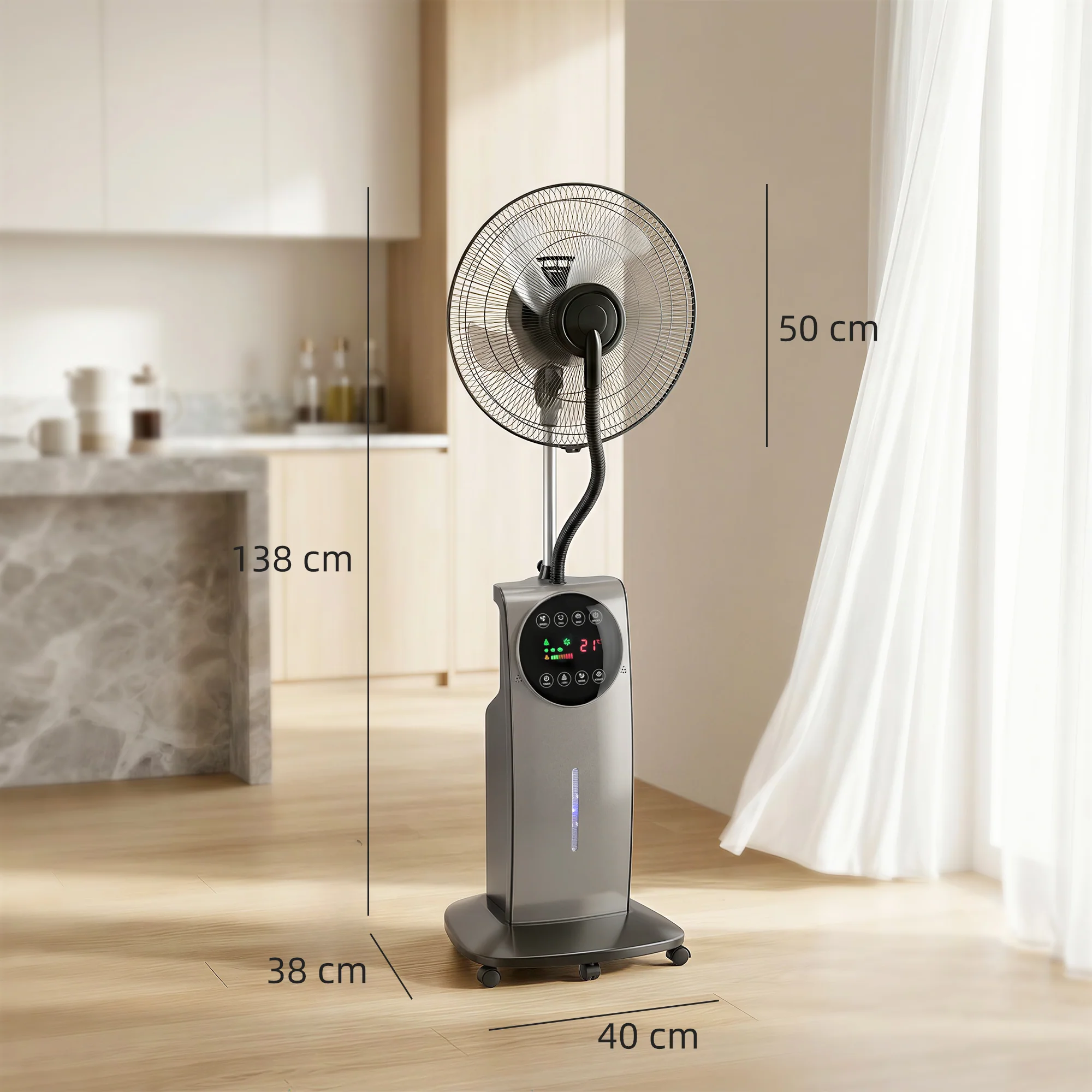 Ventilateur brumisateur silencieux 90W, ventilateur sur pied 138cm, oscillation 70°, 3 vitesses, 3 modes, ionisation négative, antimoustique, réservoir d'eau 3,1L, télécommande et minuterie 12h - Image 4