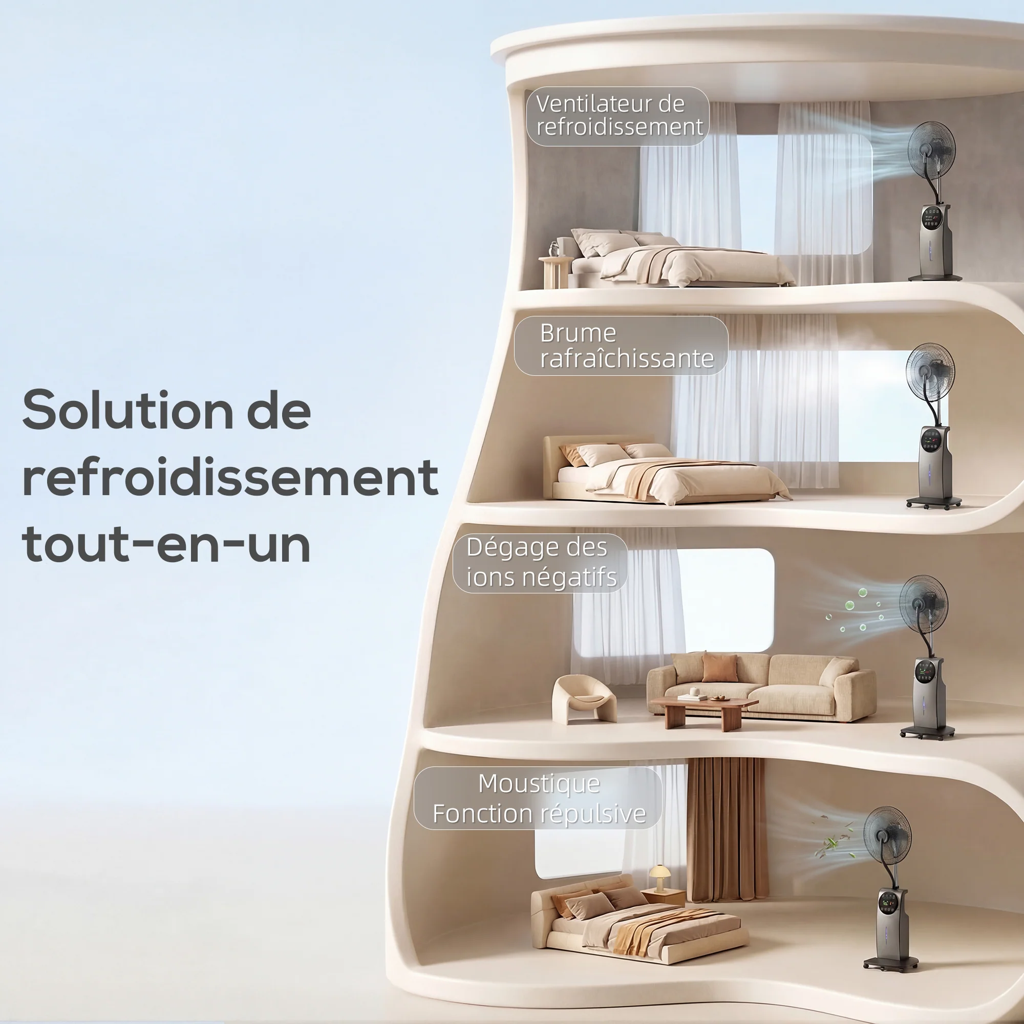 Ventilateur brumisateur silencieux 90W, ventilateur sur pied 138cm, oscillation 70°, 3 vitesses, 3 modes, ionisation négative, antimoustique, réservoir d'eau 3,1L, télécommande et minuterie 12h - Image 5