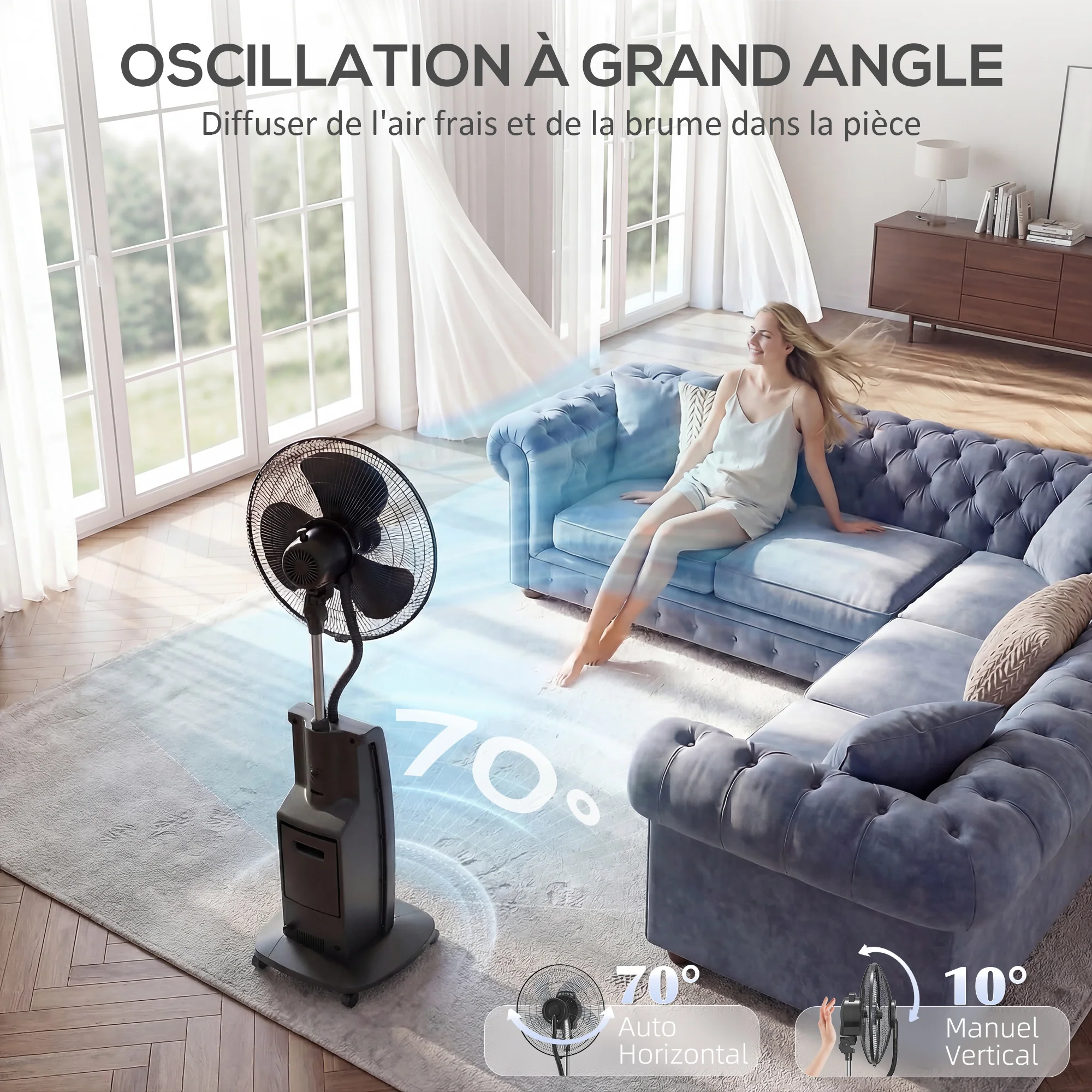 Ventilateur brumisateur silencieux 90W, ventilateur sur pied 138cm, oscillation 70°, 3 vitesses, 3 modes, ionisation négative, antimoustique, réservoir d'eau 3,1L, télécommande et minuterie 12h - Image 7