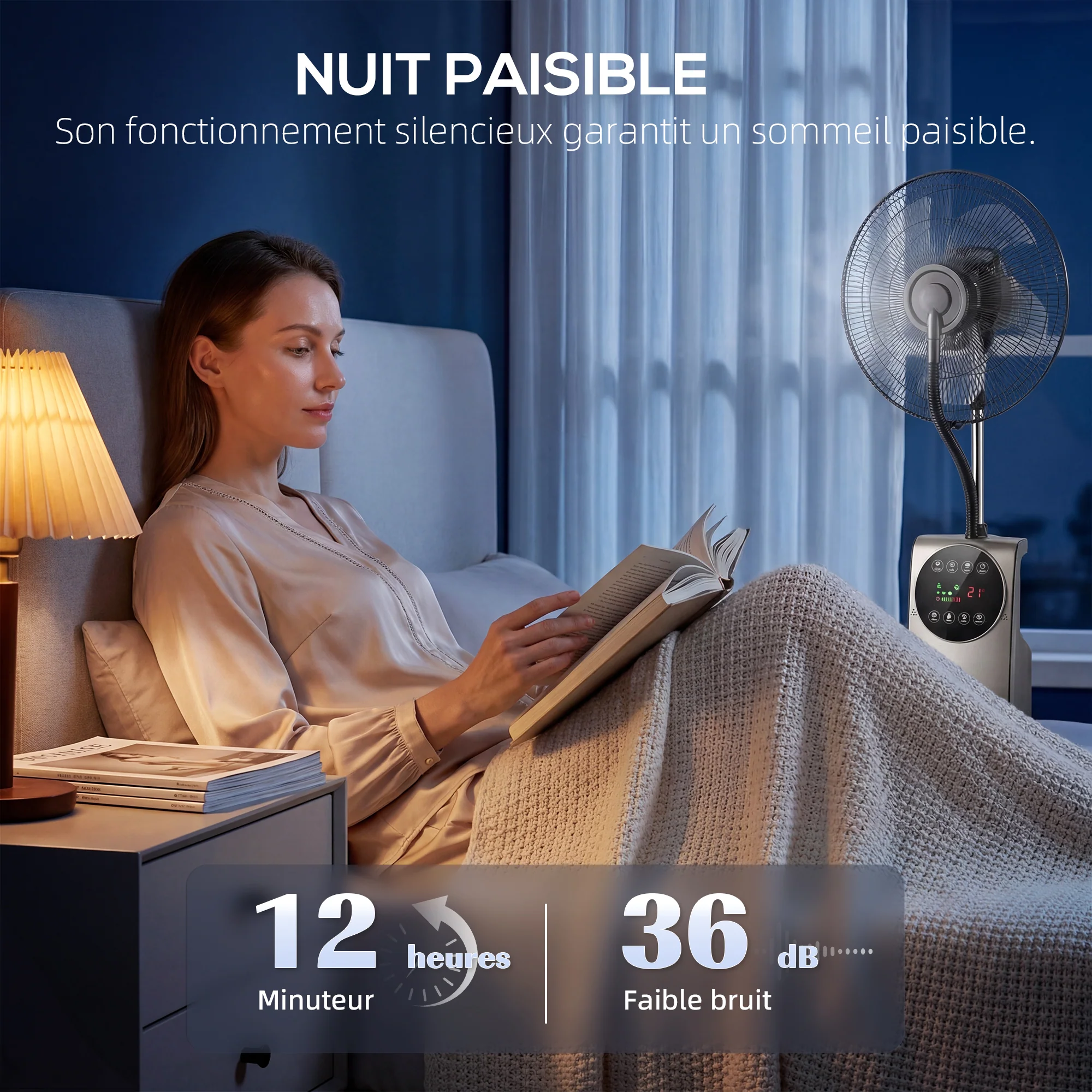 Ventilateur brumisateur silencieux 90W, ventilateur sur pied 138cm, oscillation 70°, 3 vitesses, 3 modes, ionisation négative, antimoustique, réservoir d'eau 3,1L, télécommande et minuterie 12h - Image 8