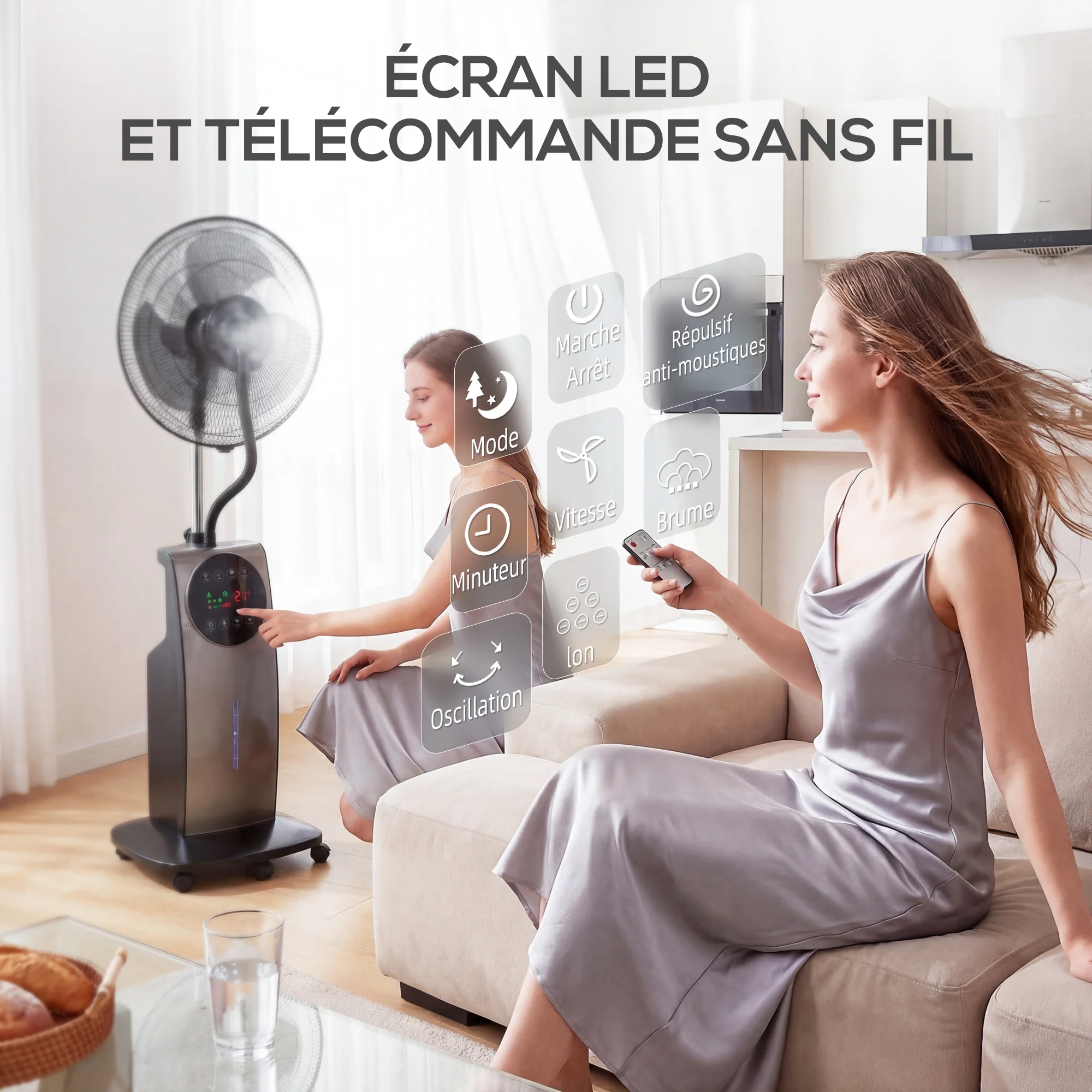Ventilateur brumisateur silencieux 90W, ventilateur sur pied 138cm, oscillation 70°, 3 vitesses, 3 modes, ionisation négative, antimoustique, réservoir d'eau 3,1L, télécommande et minuterie 12h - Image 9