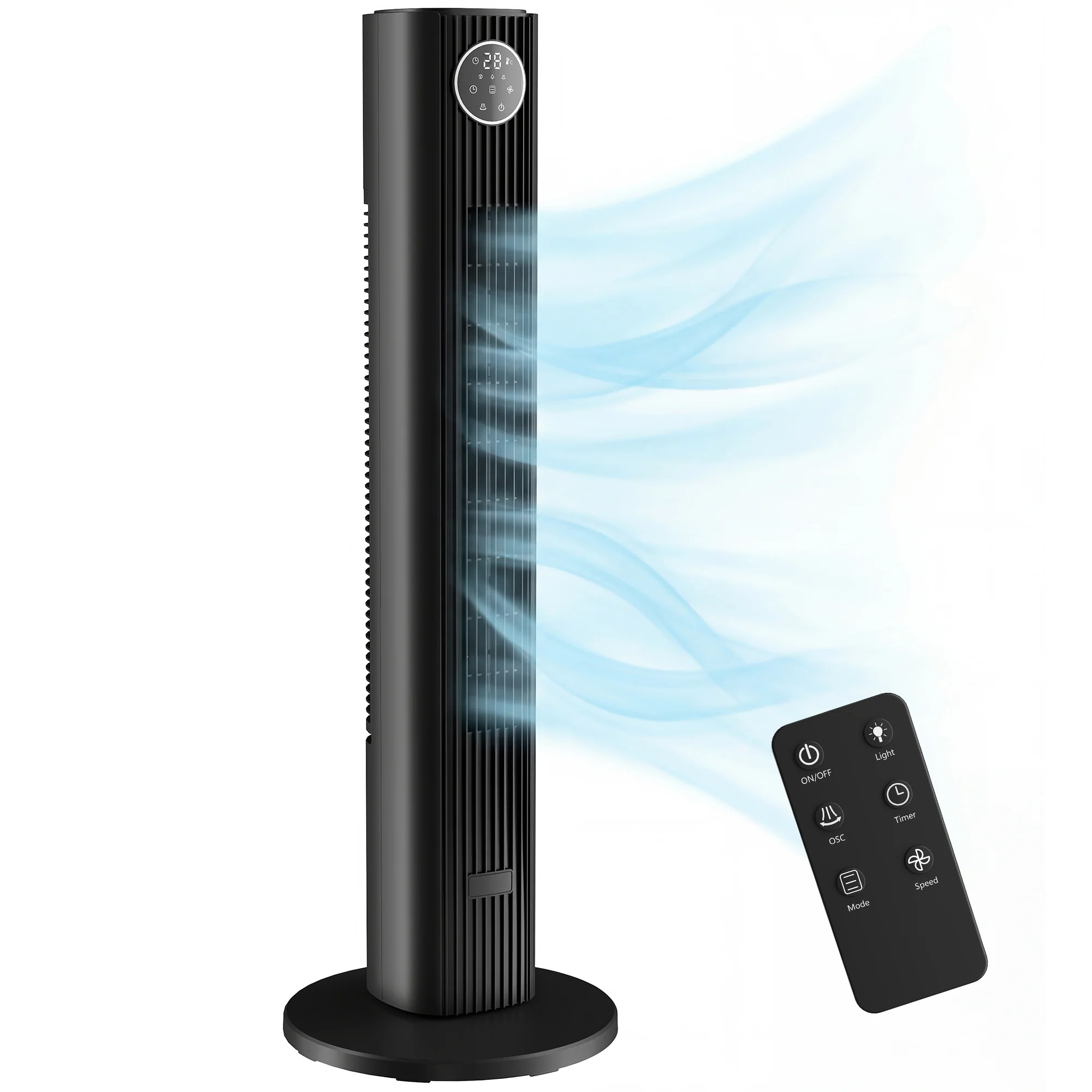 Ventilateur colonne silencieux 28dB, vitesse 8m/s, ventilateur tour pour chambre, 90,5cm de haut, oscillant à 80°, écran LED, télécommande, 12 vitesses, 4 modes, minuterie 12H, noir - Image 12