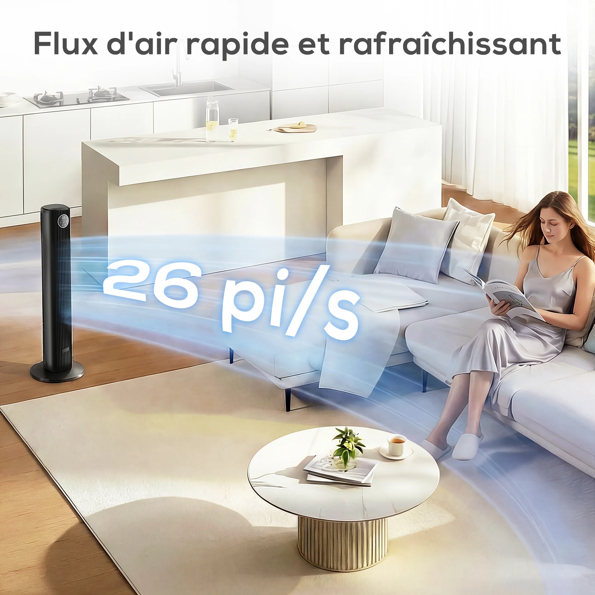 Ventilateur colonne silencieux 28dB, vitesse 8m/s, ventilateur tour pour chambre, 90,5cm de haut, oscillant à 80°, écran LED, télécommande, 12 vitesses, 4 modes, minuterie 12H, noir - Image 6