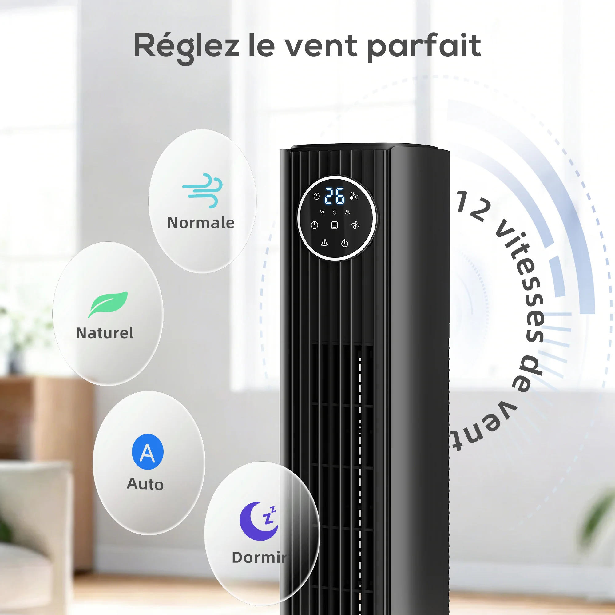 Ventilateur colonne silencieux 28dB, vitesse 8m/s, ventilateur tour pour chambre, 90,5cm de haut, oscillant à 80°, écran LED, télécommande, 12 vitesses, 4 modes, minuterie 12H, noir - Image 8