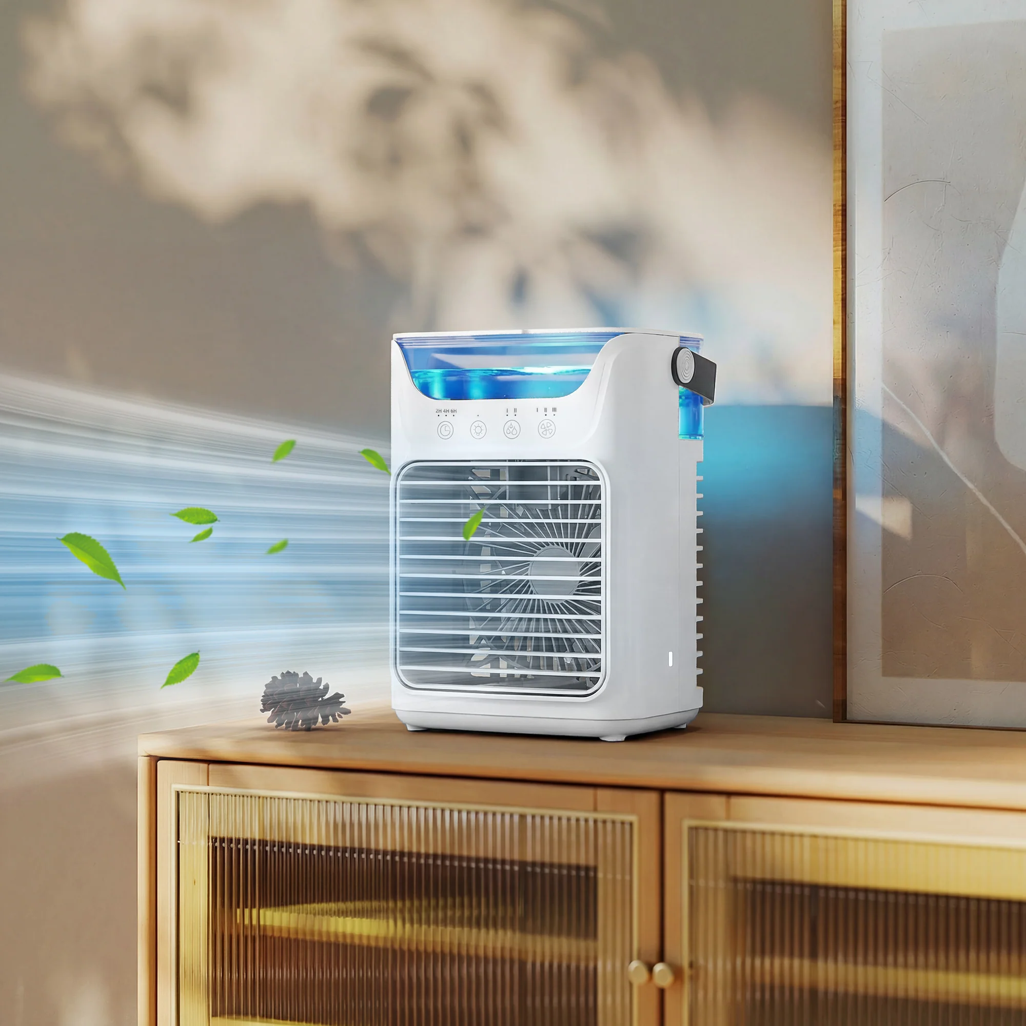 Ventilateur de table avec lumière RGB, ventilateur de bureau avec tête orientable, 3 vitesses, réservoir d'eau de 700 ml, pour chambre, dortoir et bureau, blanc - Image 3