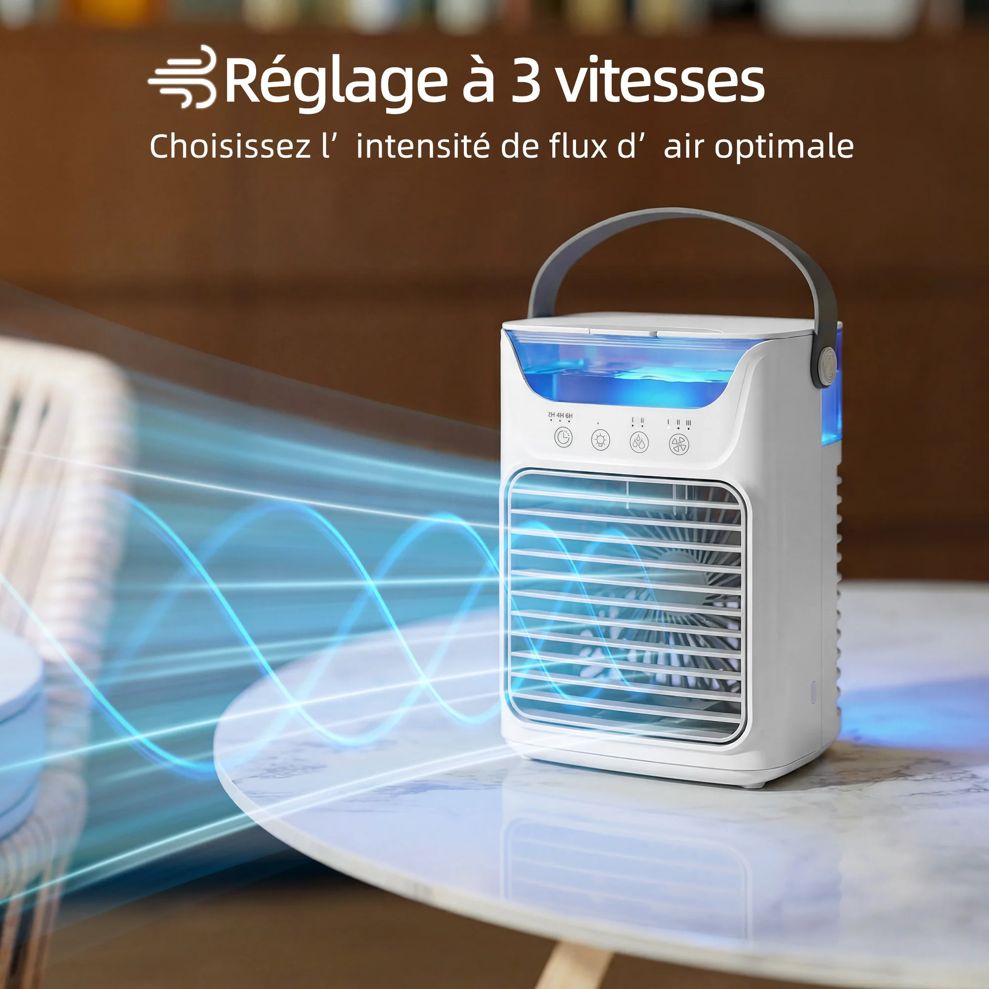 Ventilateur de table avec lumière RGB, ventilateur de bureau avec tête orientable, 3 vitesses, réservoir d'eau de 700 ml, pour chambre, dortoir et bureau, blanc - Image 5