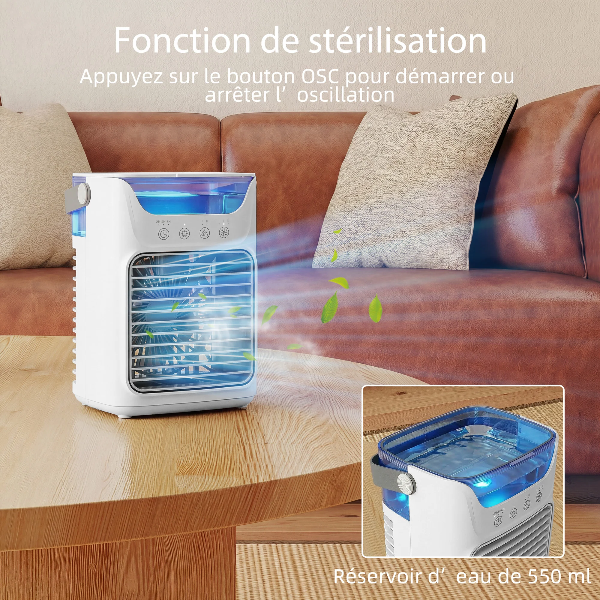 Ventilateur de table avec lumière RGB, ventilateur de bureau avec tête orientable, 3 vitesses, réservoir d'eau de 700 ml, pour chambre, dortoir et bureau, blanc - Image 6