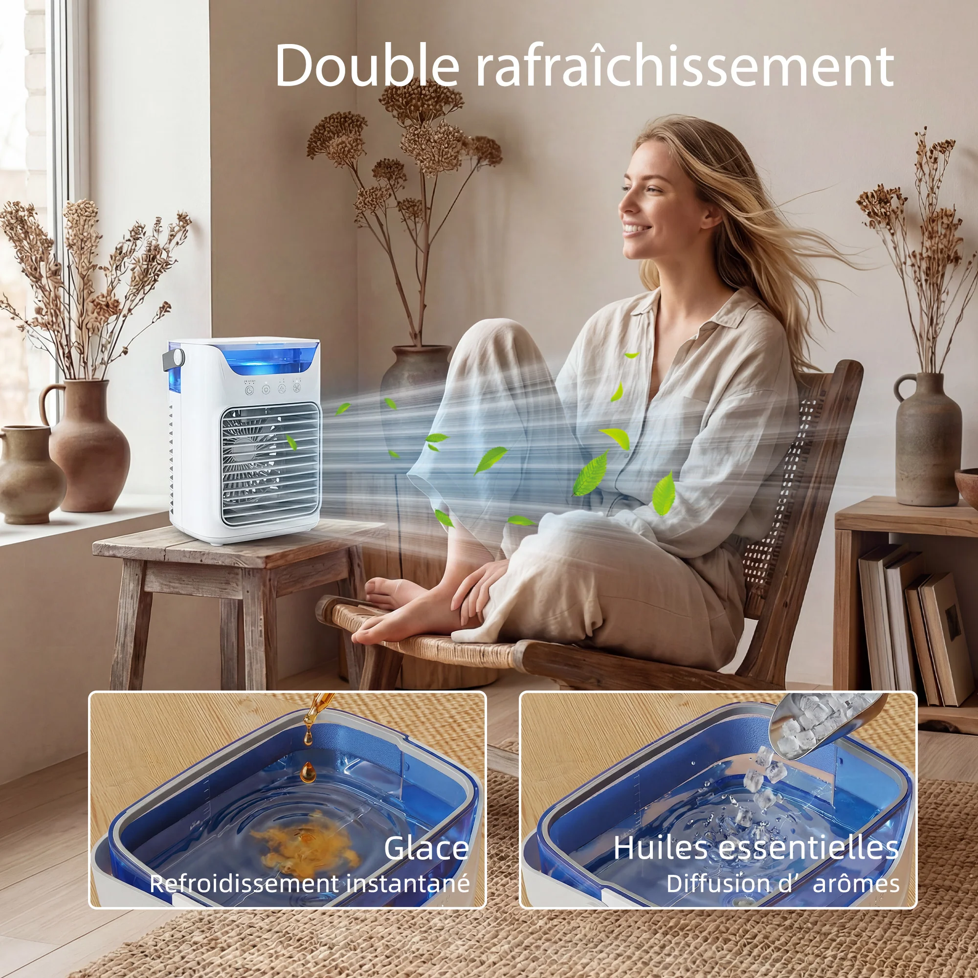 Ventilateur de table avec lumière RGB, ventilateur de bureau avec tête orientable, 3 vitesses, réservoir d'eau de 700 ml, pour chambre, dortoir et bureau, blanc - Image 7