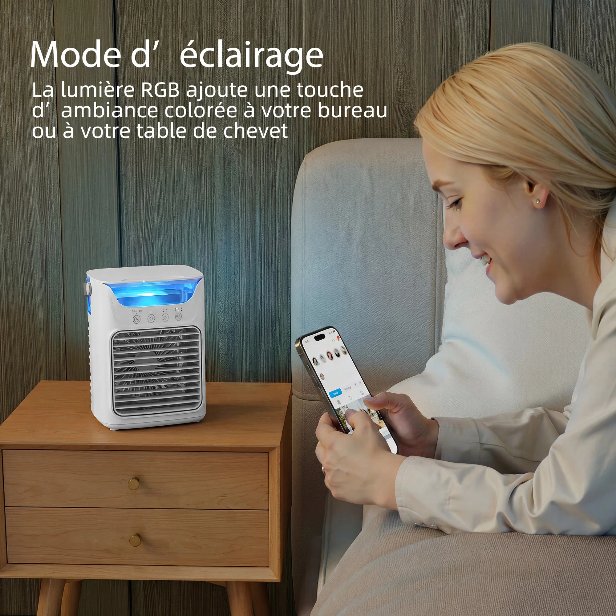 Ventilateur de table avec lumière RGB, ventilateur de bureau avec tête orientable, 3 vitesses, réservoir d'eau de 700 ml, pour chambre, dortoir et bureau, blanc - Image 8