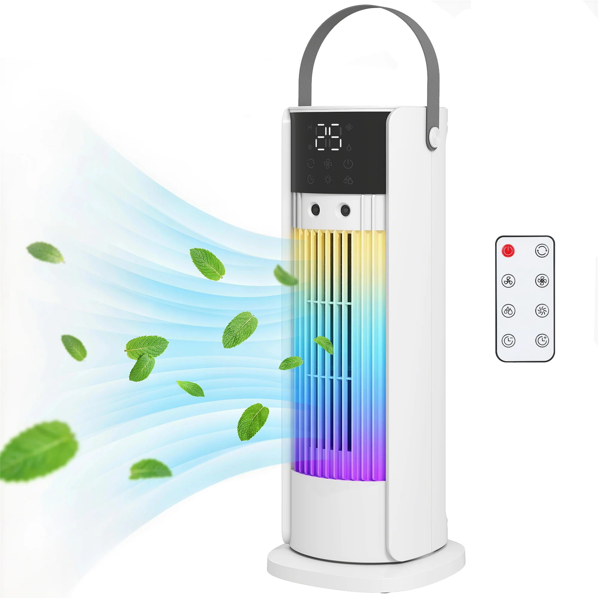 Ventilateur de table colonne avec brumisateur et éclairage RGB, ventilateur de bureau 3 vitesses, oscillation à 90°, minuterie 10 h, pour chambre et bureau, blanc