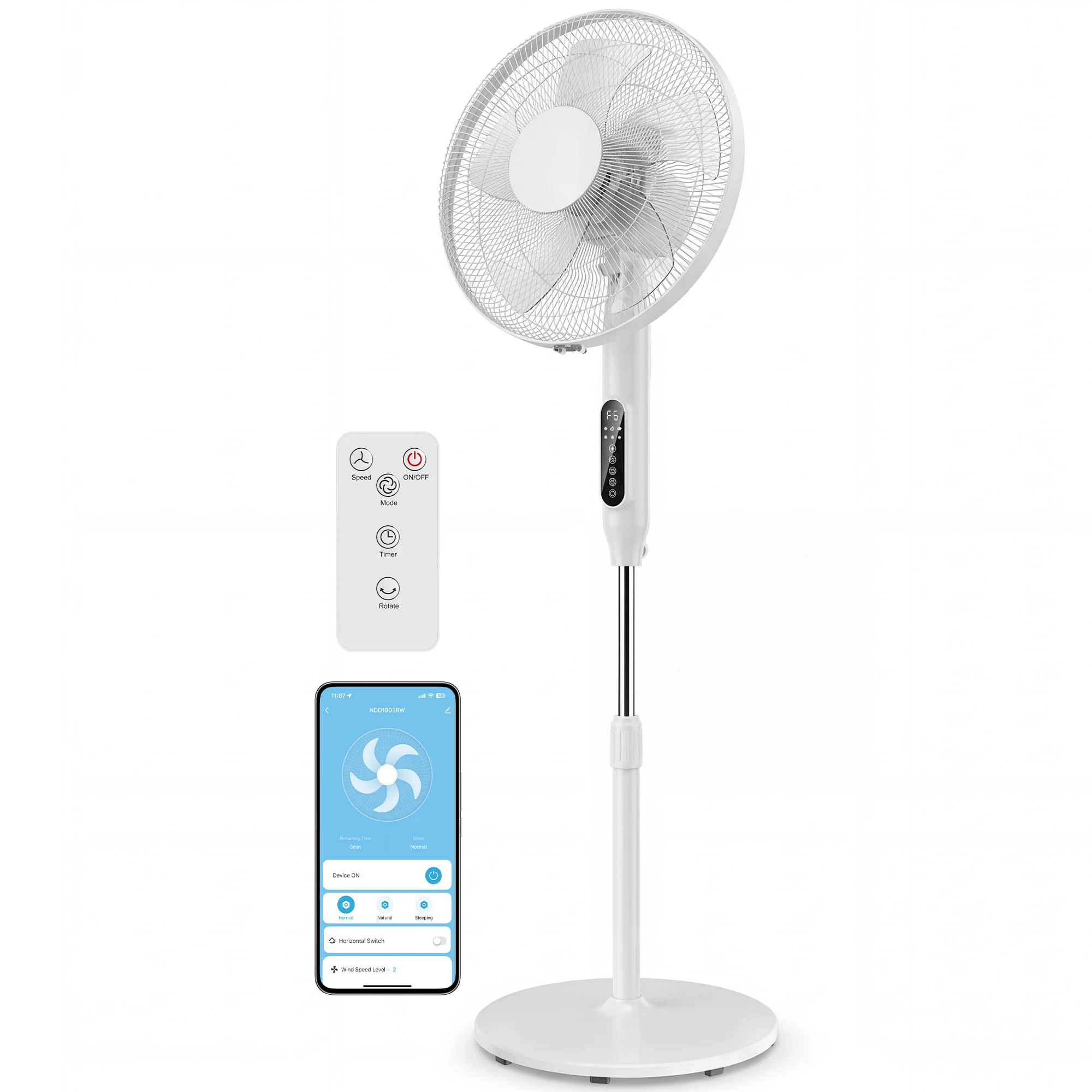 Ventilateur sur pied contr?lé par APP, ventilateur 45 cm avec télécommande, 3 vitesses, 3 modes, hauteur réglable 118-138 cm, minuterie 15 h, oscillant, pour chambre, salon, bureau, blanc