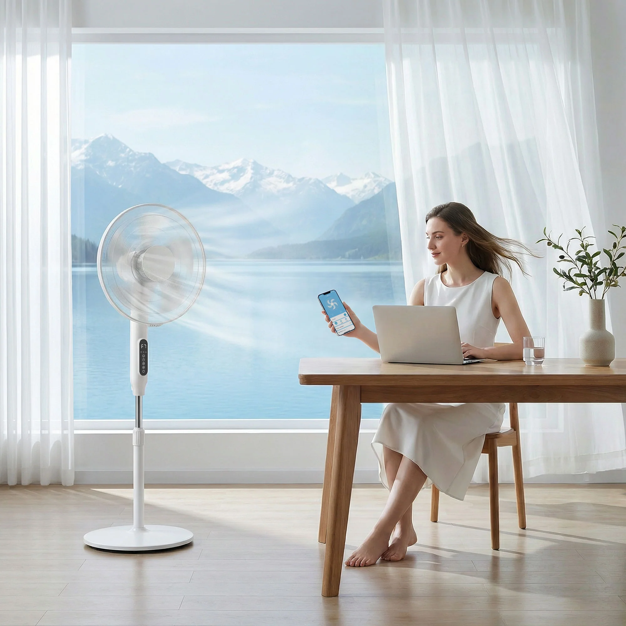 Ventilateur sur pied contr?lé par APP, ventilateur 45 cm avec télécommande, 3 vitesses, 3 modes, hauteur réglable 118-138 cm, minuterie 15 h, oscillant, pour chambre, salon, bureau, blanc - Image 11