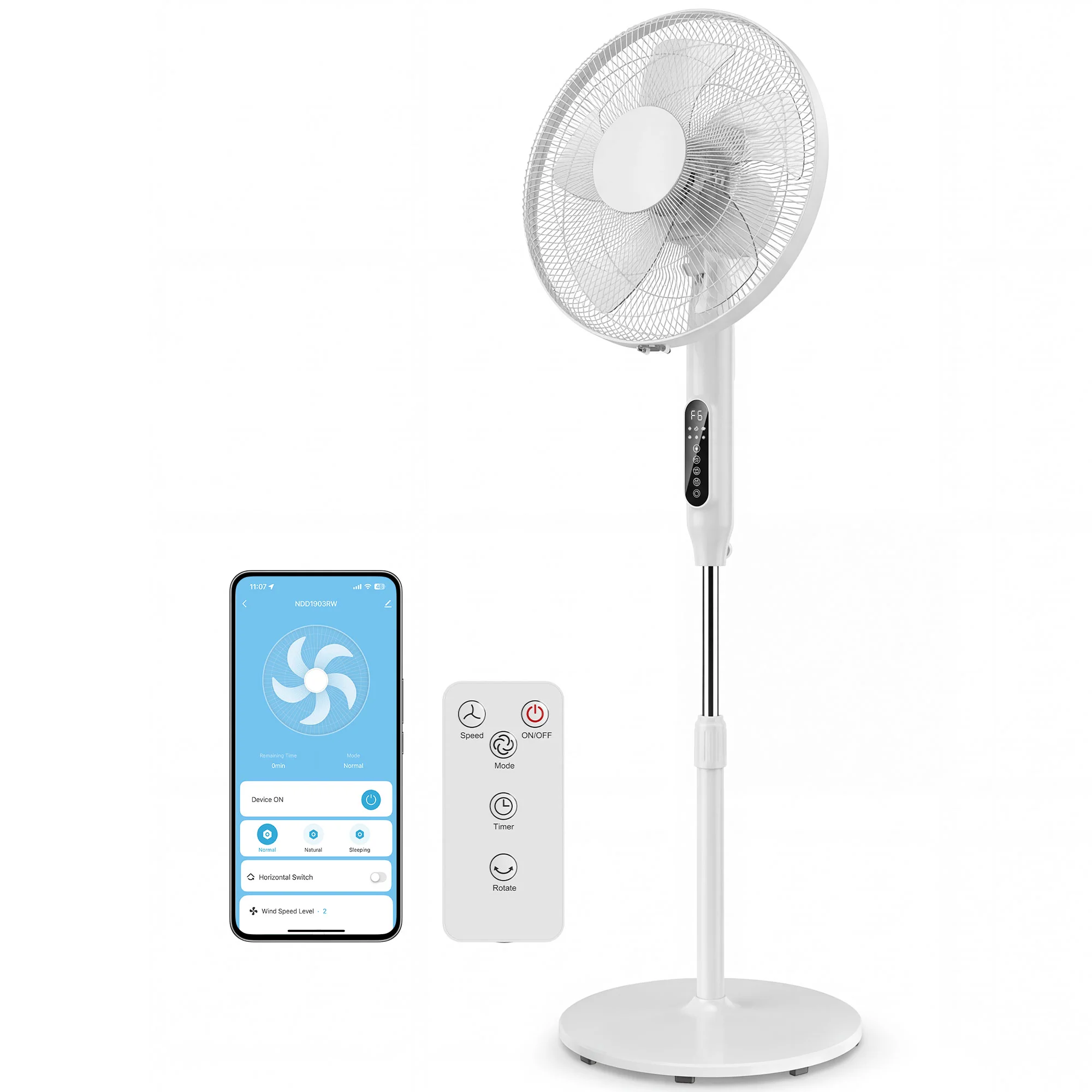 Ventilateur sur pied contr?lé par APP, ventilateur 45 cm avec télécommande, 3 vitesses, 3 modes, hauteur réglable 118-138 cm, minuterie 15 h, oscillant, pour chambre, salon, bureau, blanc - Image 12