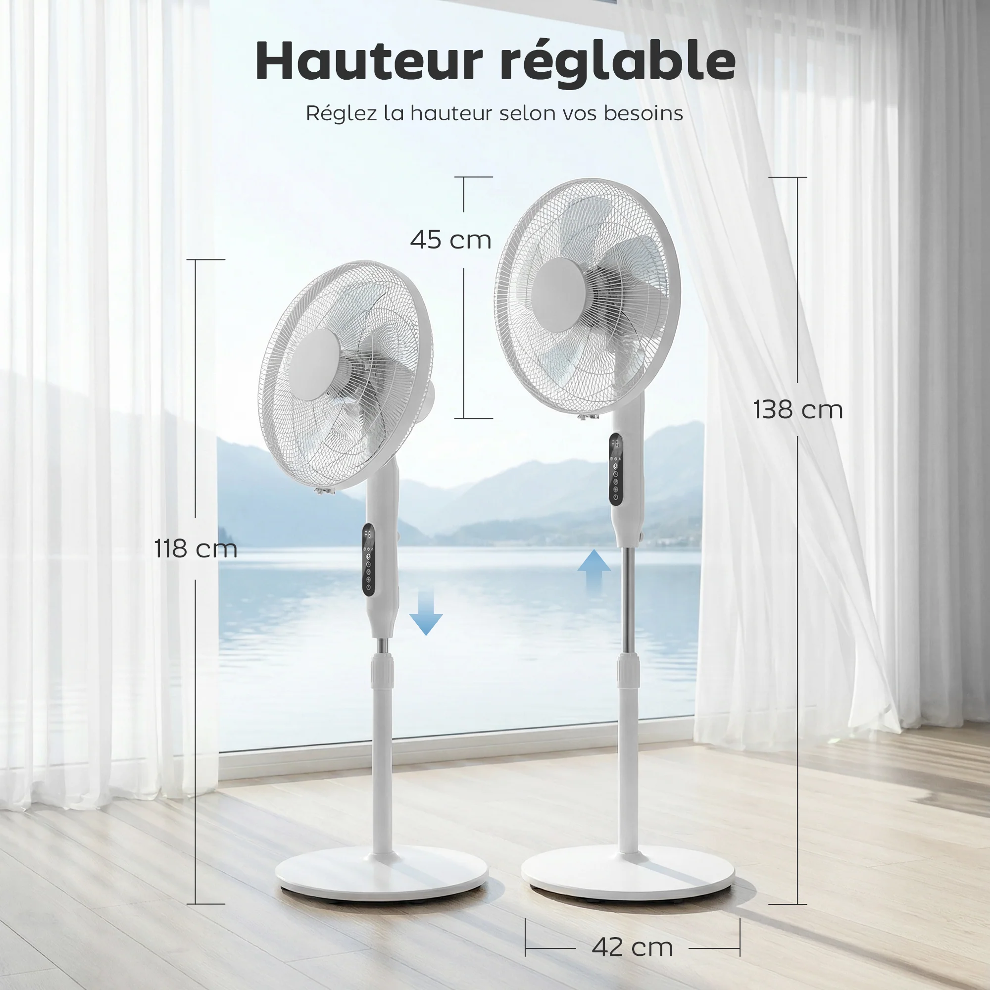 Ventilateur sur pied contr?lé par APP, ventilateur 45 cm avec télécommande, 3 vitesses, 3 modes, hauteur réglable 118-138 cm, minuterie 15 h, oscillant, pour chambre, salon, bureau, blanc - Image 4
