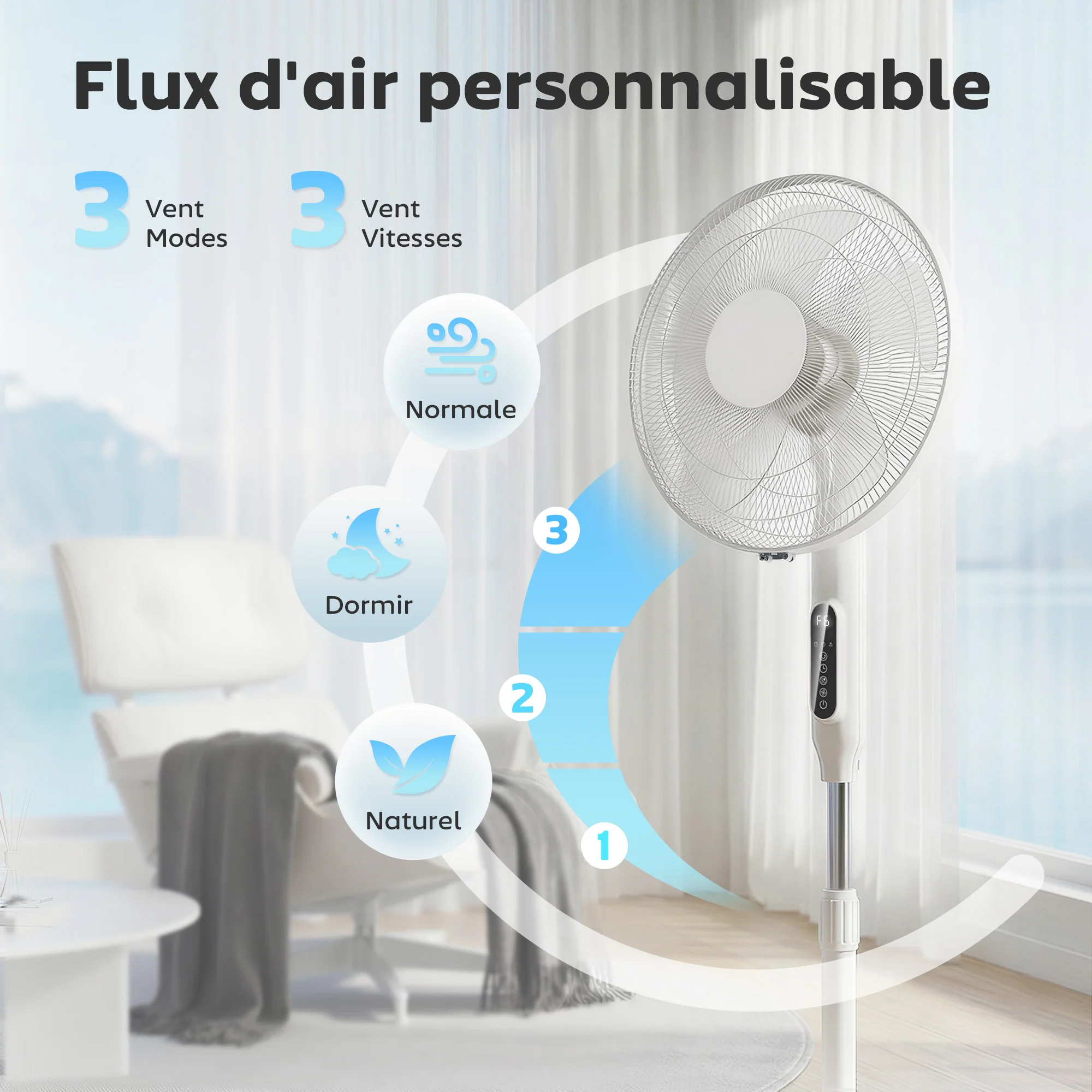 Ventilateur sur pied contr?lé par APP, ventilateur 45 cm avec télécommande, 3 vitesses, 3 modes, hauteur réglable 118-138 cm, minuterie 15 h, oscillant, pour chambre, salon, bureau, blanc - Image 6