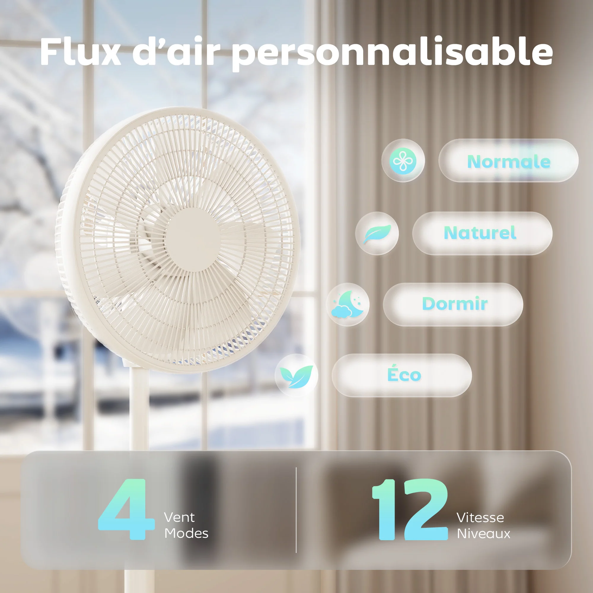 Ventilateur sur pied, ventilateur 39 cm avec 12 vitesses, 4 modes, minuterie 9H, oscillant 120°, hauteur réglable et télécommande magnétique, pour chambre, salon, bureau, blanc - Image 5