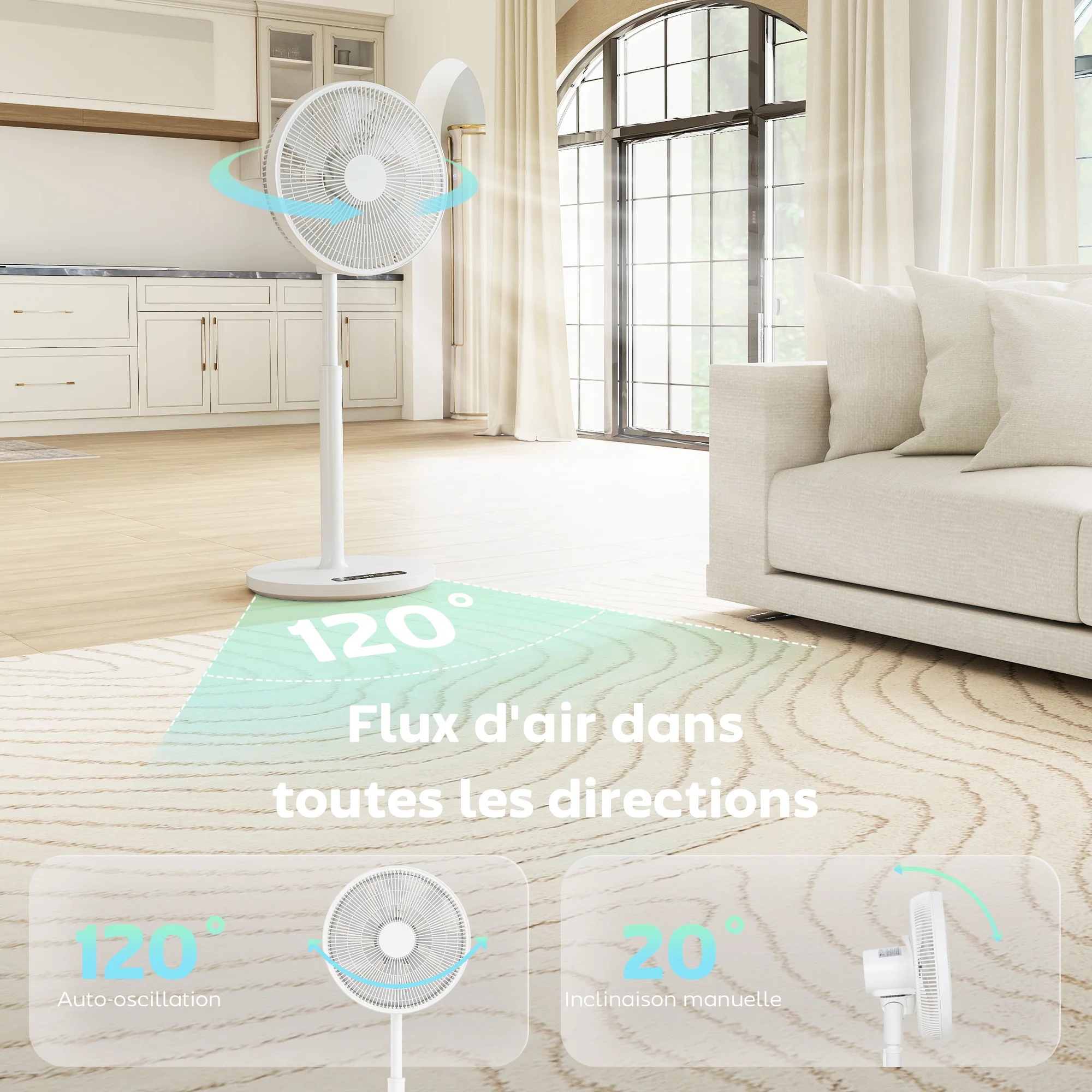 Ventilateur sur pied, ventilateur 39 cm avec 12 vitesses, 4 modes, minuterie 9H, oscillant 120°, hauteur réglable et télécommande magnétique, pour chambre, salon, bureau, blanc - Image 6