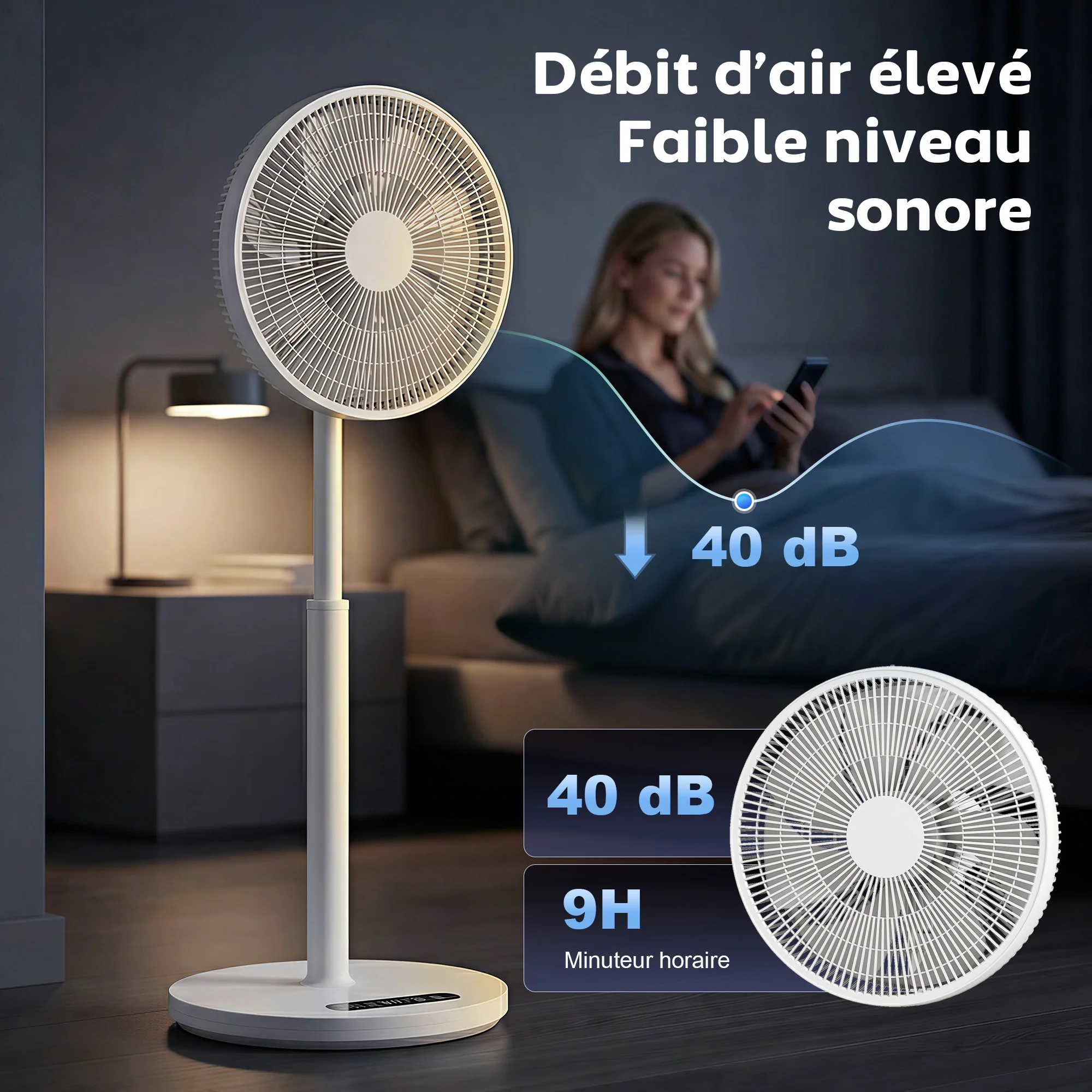 Ventilateur sur pied, ventilateur 39 cm avec 12 vitesses, 4 modes, minuterie 9H, oscillant 120°, hauteur réglable et télécommande magnétique, pour chambre, salon, bureau, blanc - Image 7