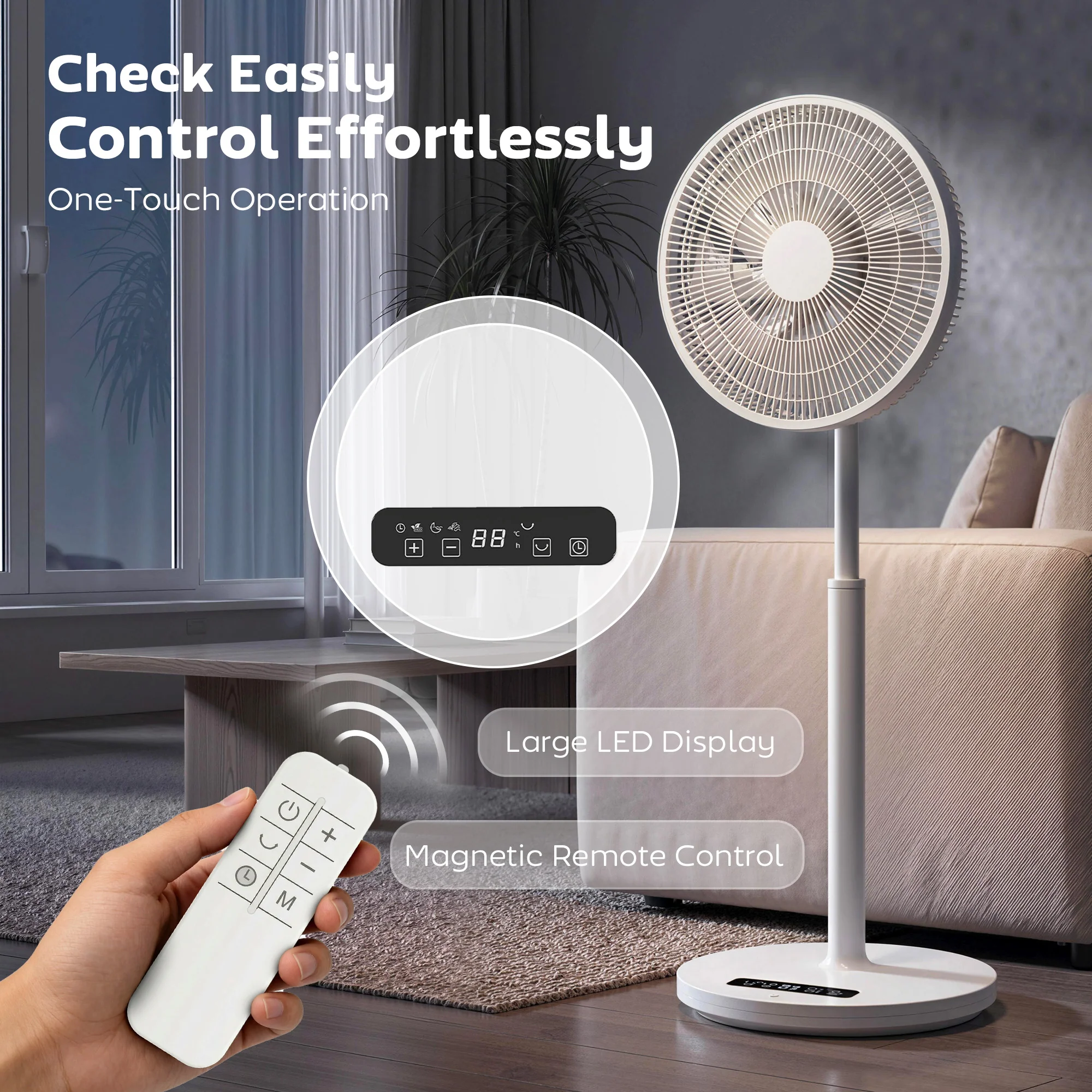 Ventilateur sur pied, ventilateur 39 cm avec 12 vitesses, 4 modes, minuterie 9H, oscillant 120°, hauteur réglable et télécommande magnétique, pour chambre, salon, bureau, blanc - Image 8