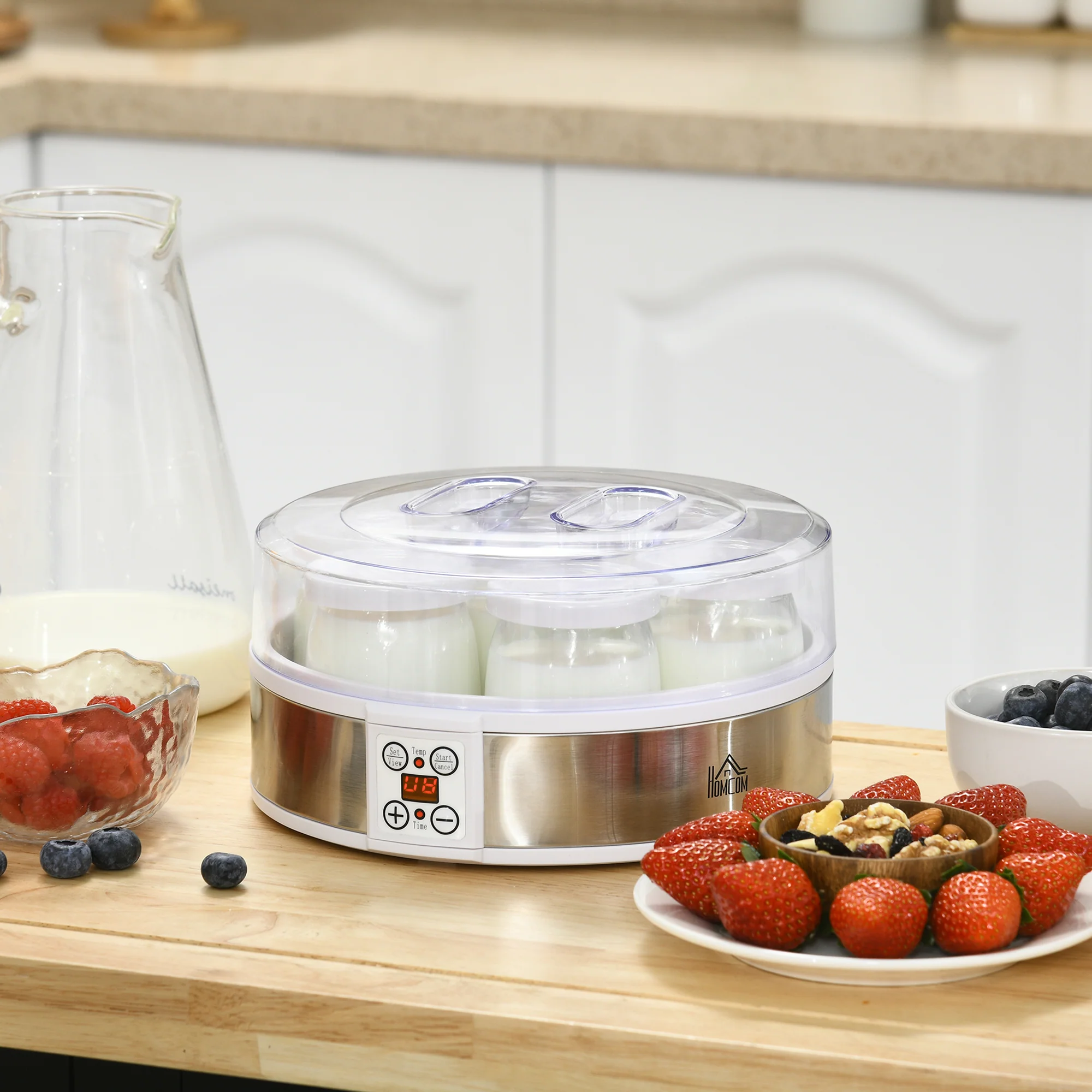Yaourtière 7 pots en verre de 180ml, machine à yaourt électrique en acier inoxydable avec minuterie, thermostat réglable et affichage LED pour des desserts maison sains blanc - Image 3