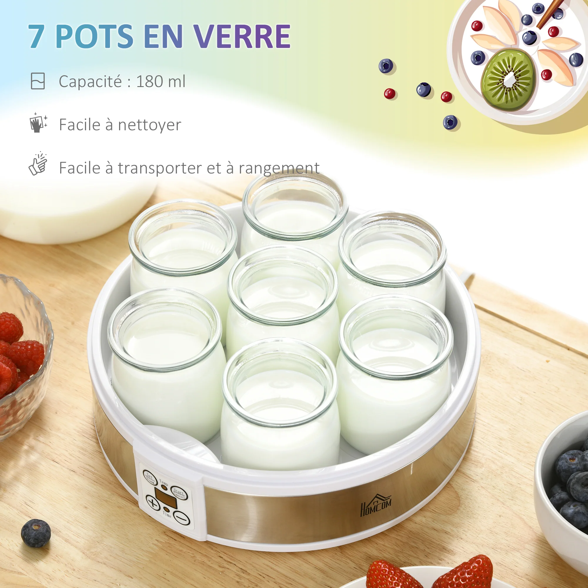 Yaourtière 7 pots en verre de 180ml, machine à yaourt électrique en acier inoxydable avec minuterie, thermostat réglable et affichage LED pour des desserts maison sains blanc - Image 5