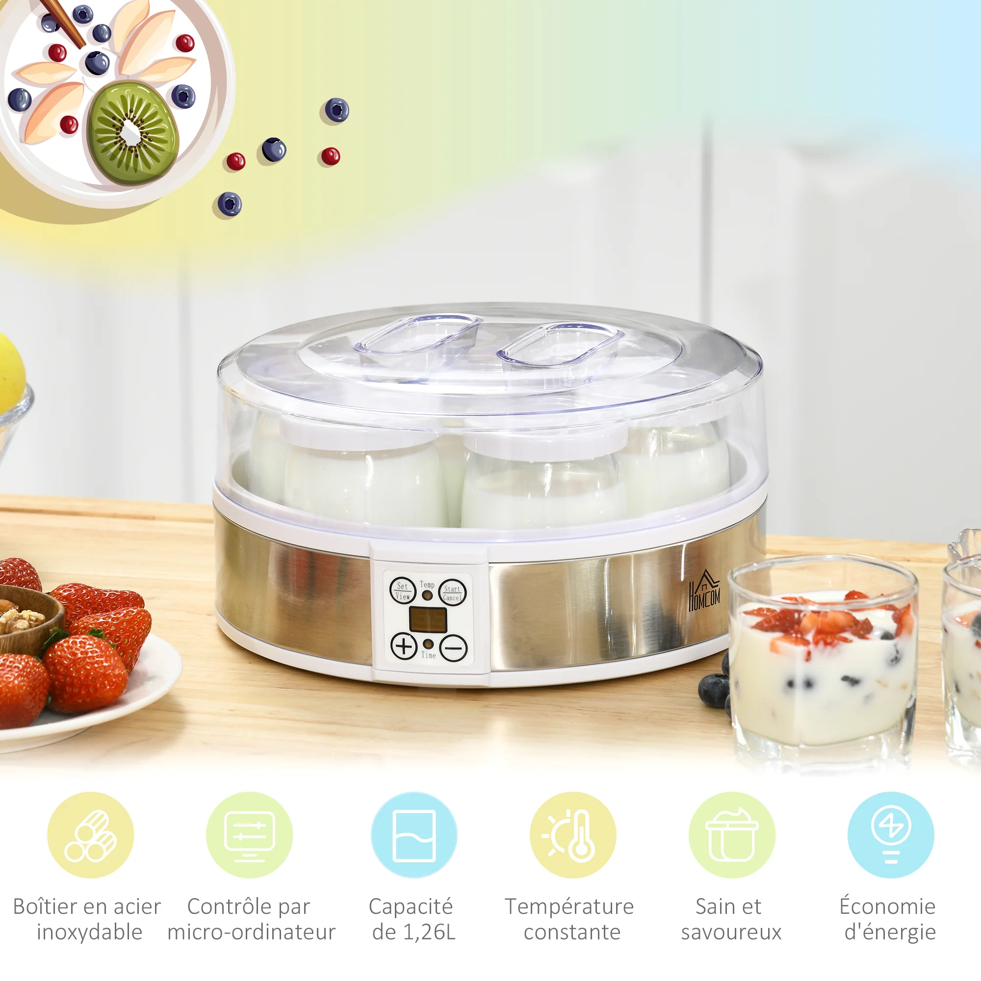Yaourtière 7 pots en verre de 180ml, machine à yaourt électrique en acier inoxydable avec minuterie, thermostat réglable et affichage LED pour des desserts maison sains blanc - Image 6