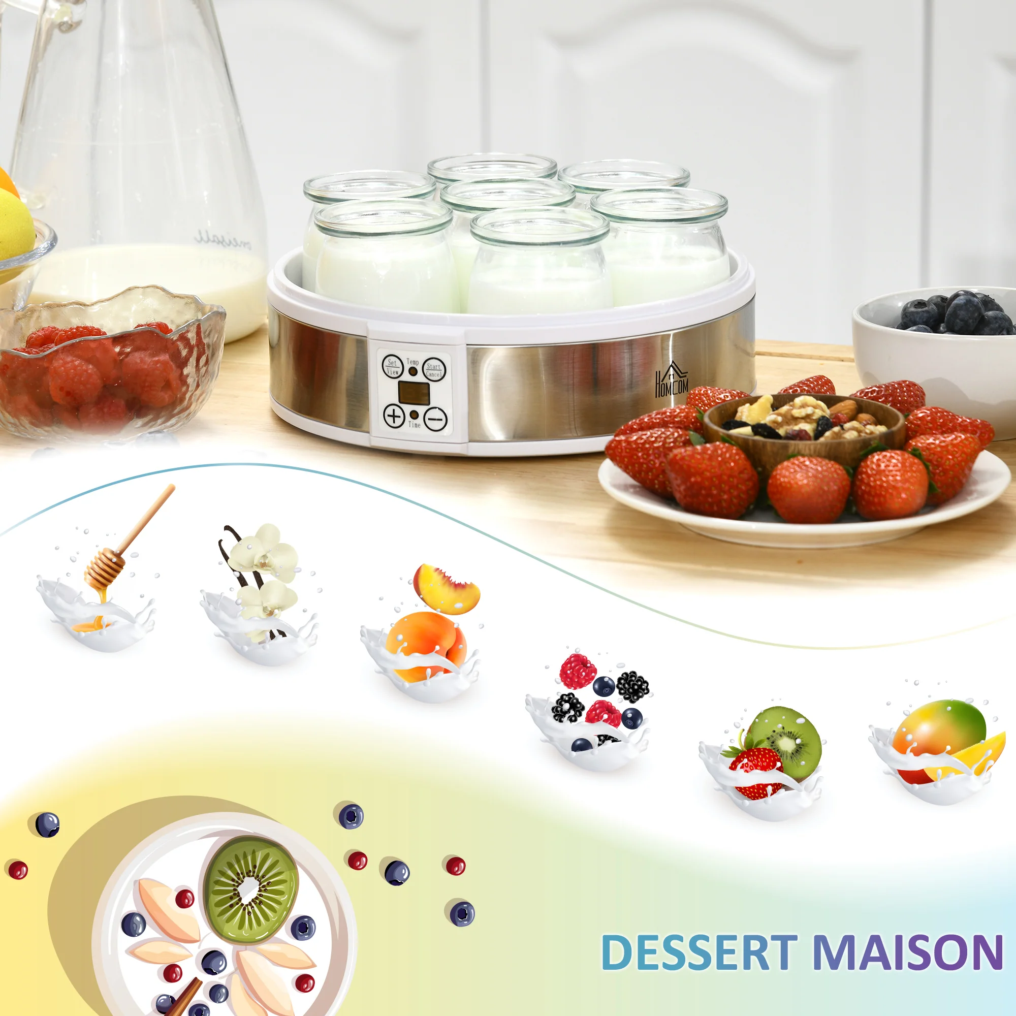 Yaourtière 7 pots en verre de 180ml, machine à yaourt électrique en acier inoxydable avec minuterie, thermostat réglable et affichage LED pour des desserts maison sains blanc - Image 8
