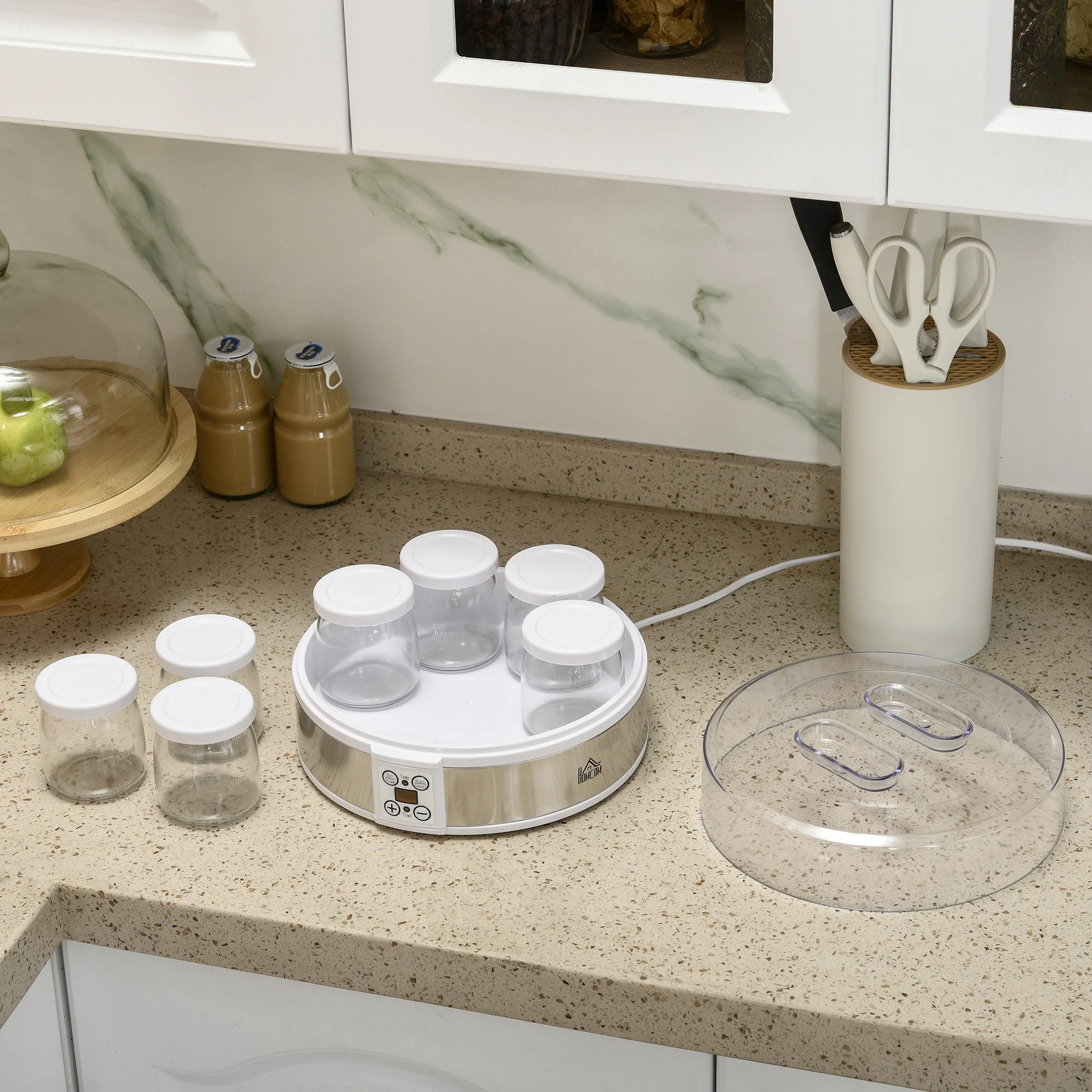 Yaourtière 7 pots en verre de 180ml, machine à yaourt électrique en acier inoxydable avec minuterie, thermostat réglable et affichage LED pour des desserts maison sains blanc - Image 9